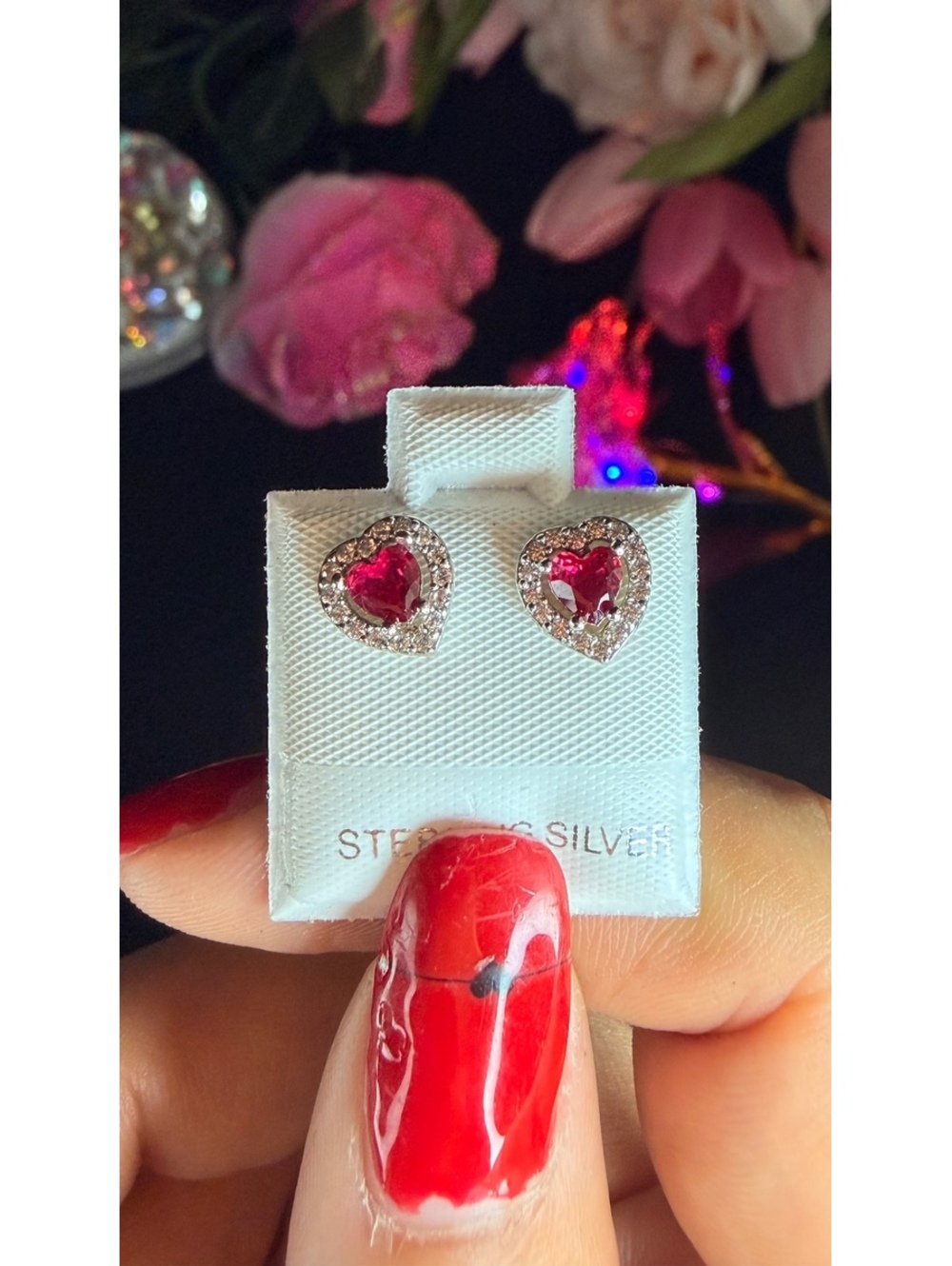 Sterling Silver Heart-Shaped Stud Earrings with Pink Gemstones and Clear Crystal
